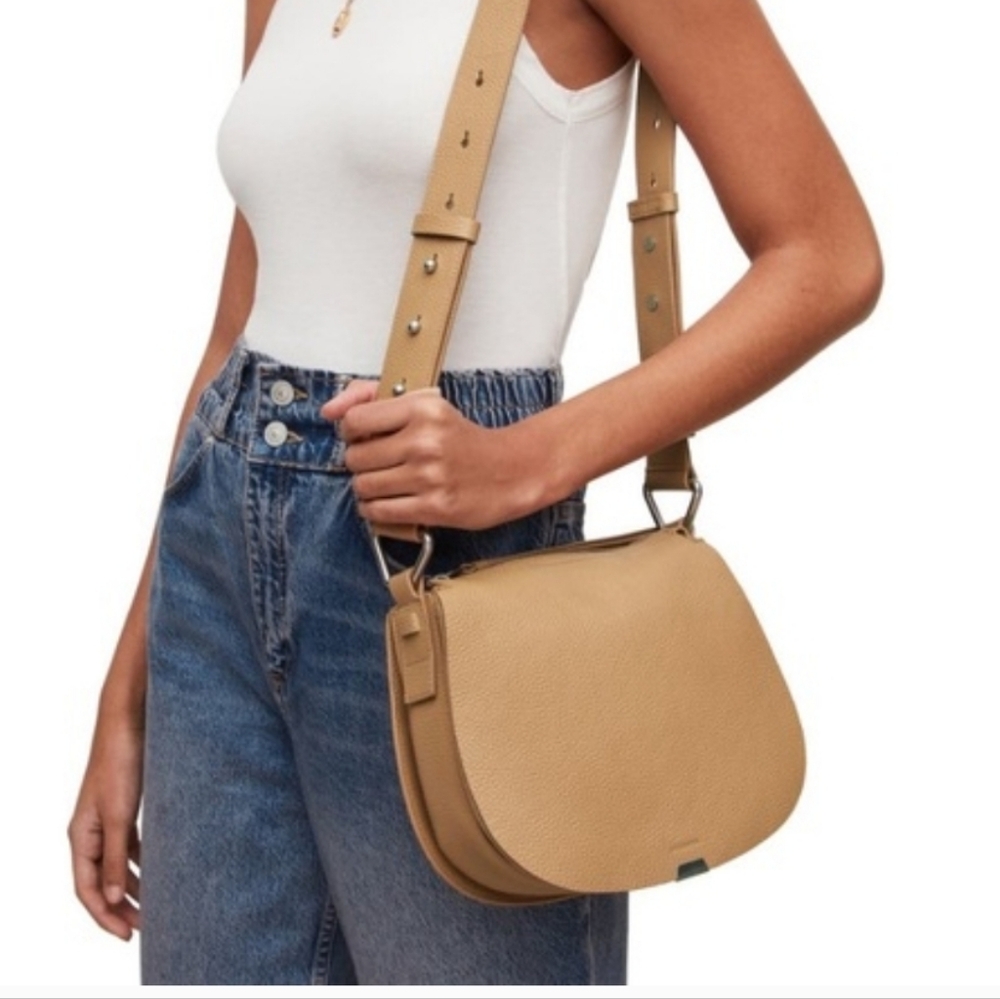 All Saints Round Tan Pebbled Leather Crossbody Bag Silver Hardware - Picture 2 of 14